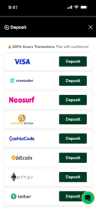 Ozwin Casino cashier screen displaying available deposit options including Visa, eZeeWallet, Neosurf, Bitcoin, and Tether.