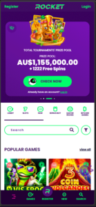 Casino Rocket’s landing page showing the $1.15 million tournament prize pool and popular slot games.