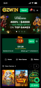 Ozwin Casino mobile homepage displaying a four-thousand-dollar welcome banner, lobby jackpot counter, and new pokie titles.