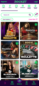 he live casino section displaying games like Gravity Roulette and Blackjack Venice VIP 3.