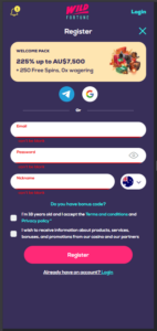 Wild Fortune Casino registration form displaying the $7,500 welcome bonus banner and account setup fields.