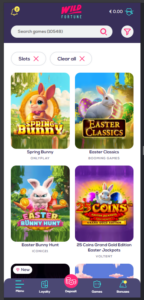 Mobile interface of Wild Fortune slots library displaying seasonal pokies and a search bar containing 10,548 titles.