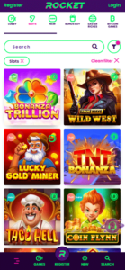 The slot section at Casino Rocket with filtered slots including Bonanza Trillion, Wild West True Ways, and TNT Bonanza.