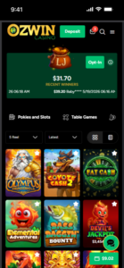 Ozwin Casino mobile pokies lobby displaying five-reel slot titles, sorting filters, and game jackpot values. 