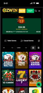 Ozwin Casino mobile table games lobby displaying cards for blackjack, Teen Patti, and Andar Bahar variants. 