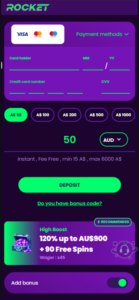 Casino Rocket deposit screen showing Visa and Mastercard payment options, deposit amounts, and the welcome bonus.