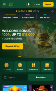 The homepage of Golden Crown Casino, showing a welcome bonus banner and green colour design.