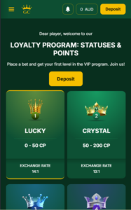 The loyalty program at Golden Crown Casino, showing levels and point exchange rates.
