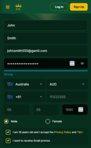 The registration window at Golden Crown Casino, showing fields for email, password, and other details.
