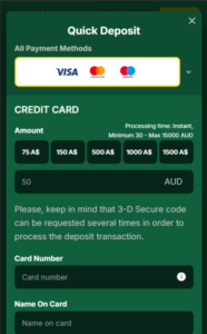 The quick deposit window at Golden Crown Casino, showing fields for credit card details.