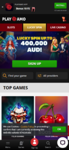 Players can download the app via the header link, sign up for Lucky Spin, or browse the games. 