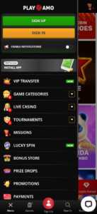 The PlayAmo sidebar includes VIP Transfer, Lucky Spin, Promotions, and Payments, among other features.