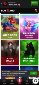 A few slot games, including Bloody Waltz and Rainbow Bonanza, occupy most of the screen. 