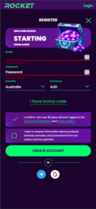 Casino Rocket registration screen displaying fields for email, password, and currency selection.