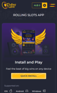 The app download section at Rolling Slots Casino, showing Android and iOS version available.