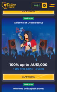 The bonus section at Rolling Slots Casino, showing the first deposit bonus.