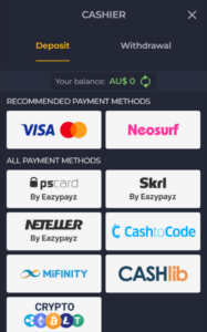 The deposit section at Rolling Slots Casino, showing cards, e-wallets, voucher, and crypto offered.
