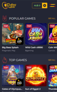 The games page at Rolling Slots Casino, showing listed popular and top games.