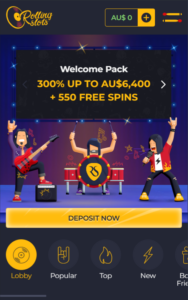 The homepage at Rolling Slots Casino, showing the banner with the welcome bonus.