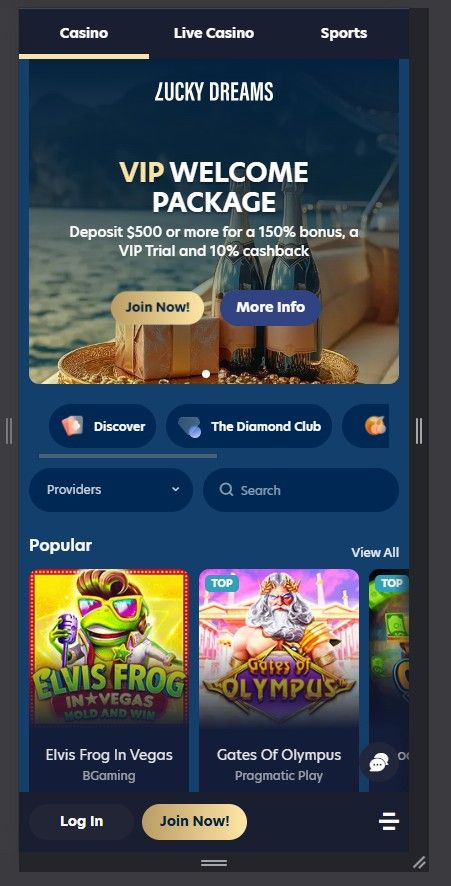 Mobile View of Lucky Dreams Casino