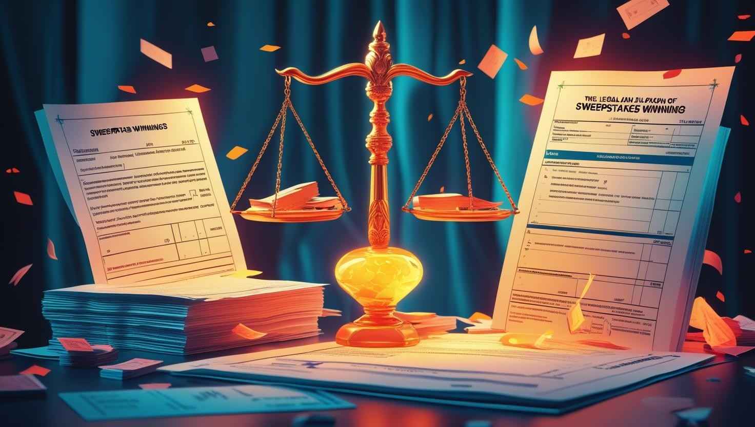 A dramatic image illustrating the legal and tax implications of sweepstakes winnings. At the center is a glowing golden balance scale, symbolizing justice, with stacks of documents balanced on each side.