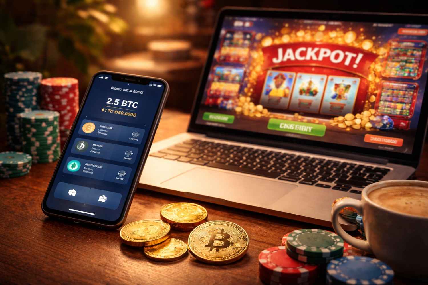 Smartphone and laptop on a desk displaying a cryptocurrency wallet and online sweepstakes casino interface, softly lit with a clean, realistic setup.