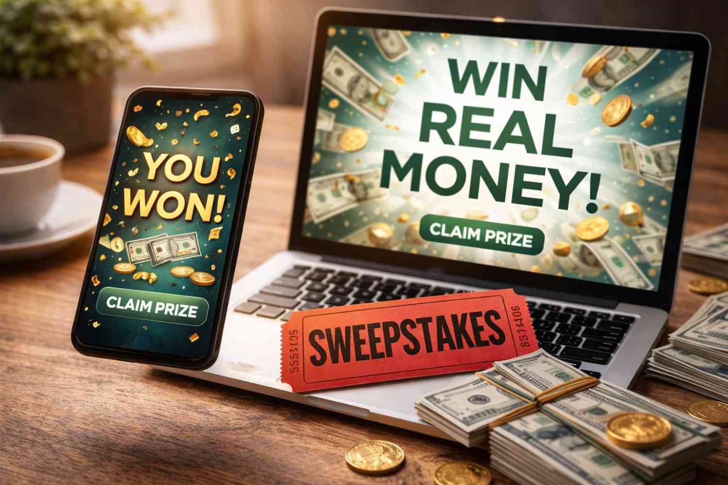 Smartphone and laptop on a desk showing a cash sweepstakes win, with raffle ticket, dollar bills, and coins under soft lighting.