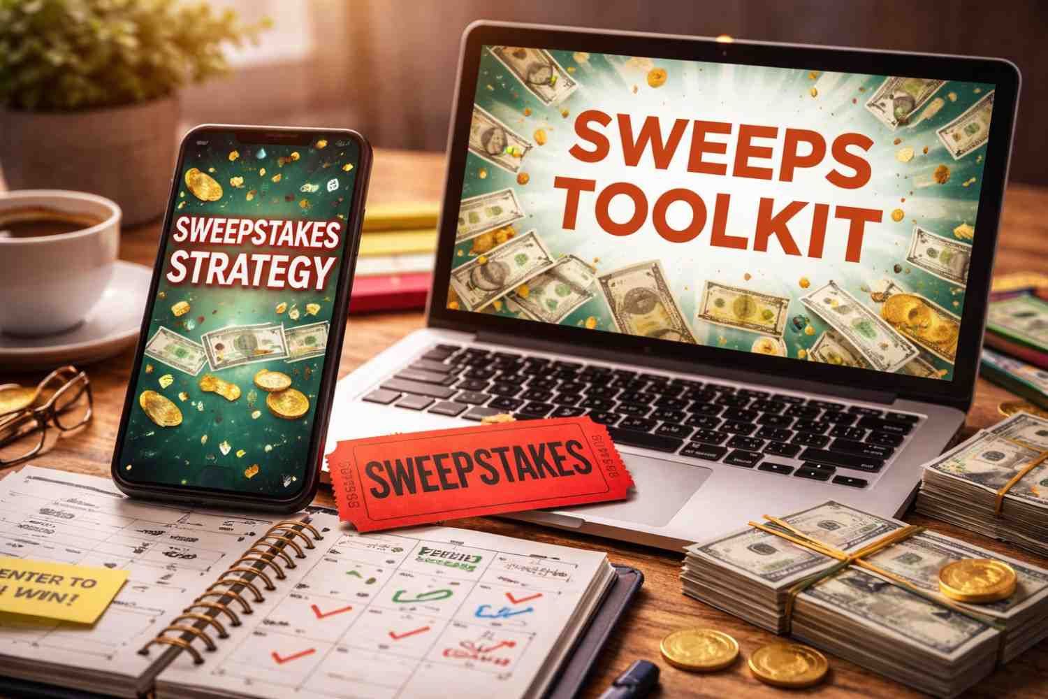 Laptop and smartphone on a desk showing sweepstakes tools and strategy screens, surrounded by planning notes, raffle tickets, and cash under soft lighting.