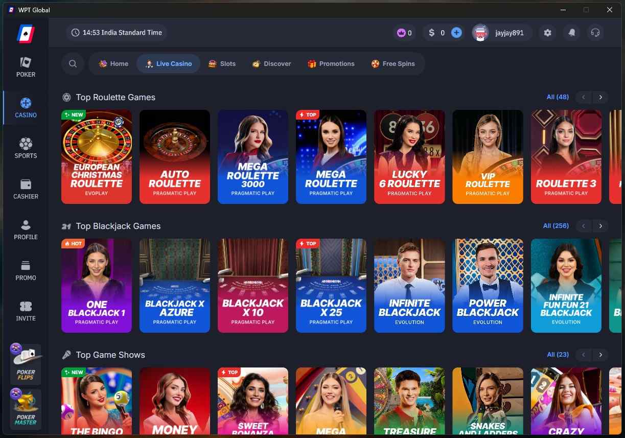 WPT Global live casino lobby featuring live dealer roulette, blackjack, and game shows from Pragmatic Play