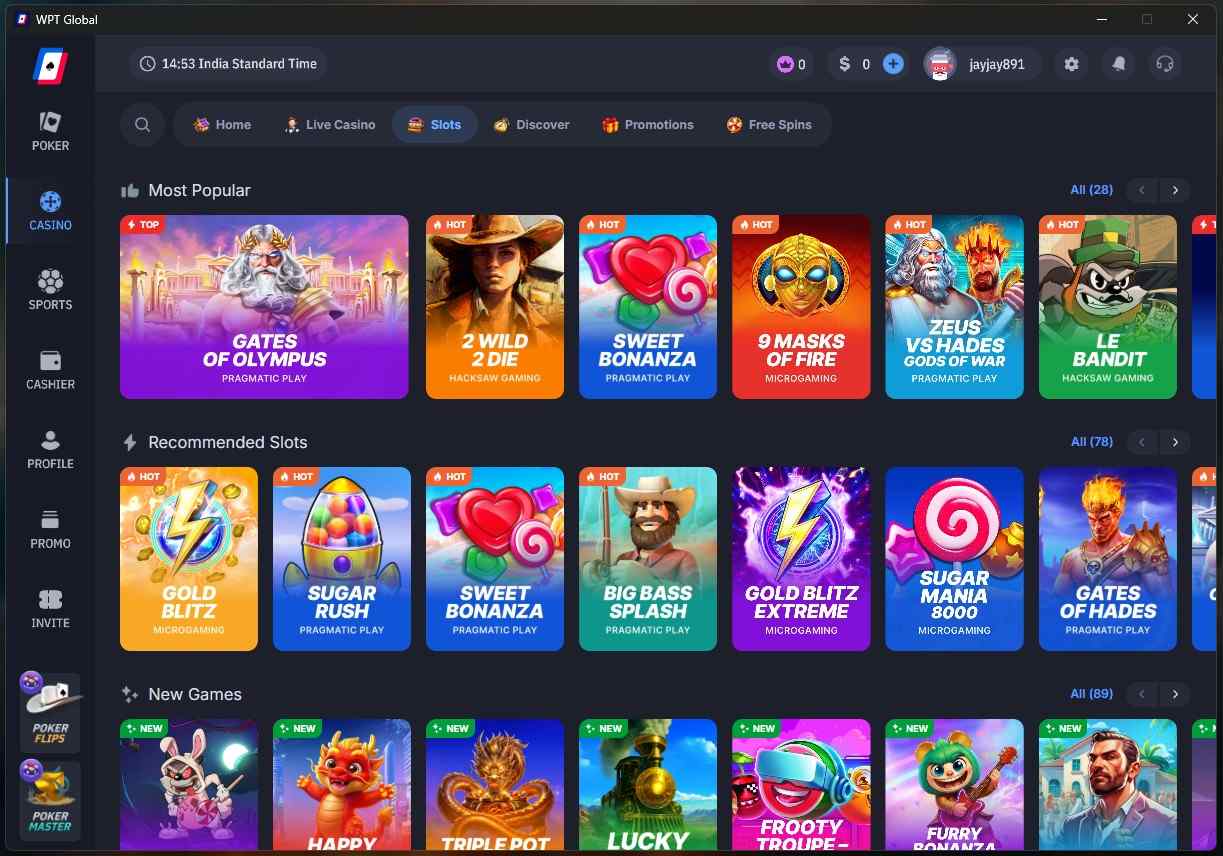 Popular WPT Global slot games, including Gates of Olympus and Sweet Bonanza, from providers like Pragmatic Play
