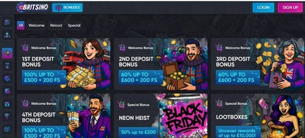 Britsino Casino bonuses page showing colourful cartoon characters and cards advertising the 1st&ndash;4th deposit welcome bonuses up to &pound;600 + 200 free spins, plus special offers such as Neon Heist, Black Friday and Lootboxes