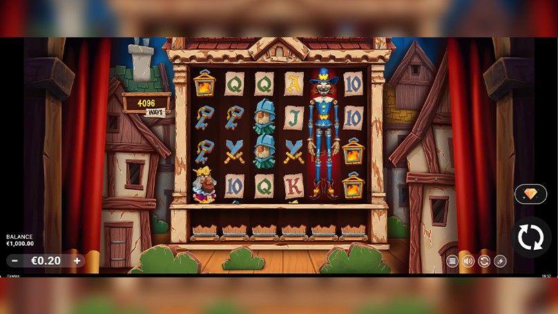 Slot stage with keys, lanterns, puppet wild, and medieval props in Fawkes slot game, ways meter at left.