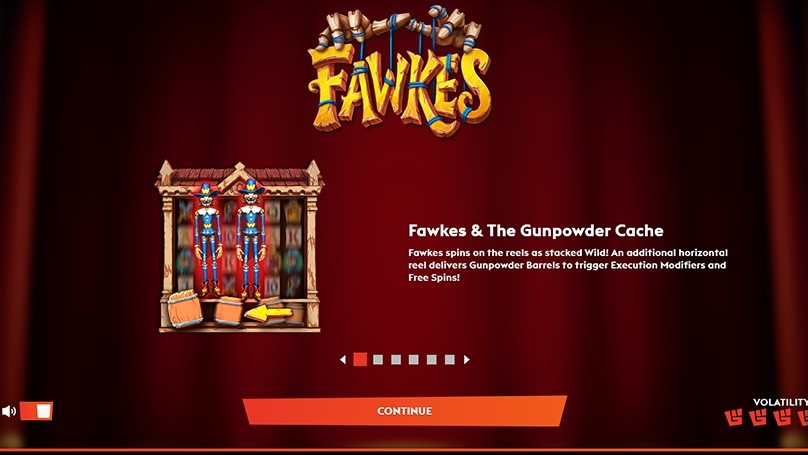 Fawkes slot intro screen with stacked wild puppets, barrel bonus and description of free spins feature.