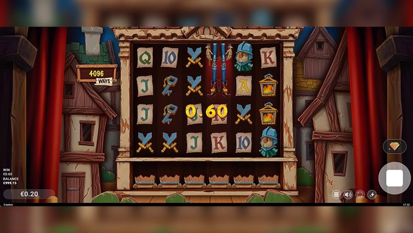 Winning slot spin marks a 0.60 euro payout among swords, keys, and medieval icons in the Fawkes slot game.