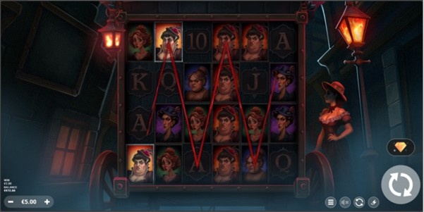 Jack slot base game win showing &euro;2.00 payout with red paylines across character symbols. 