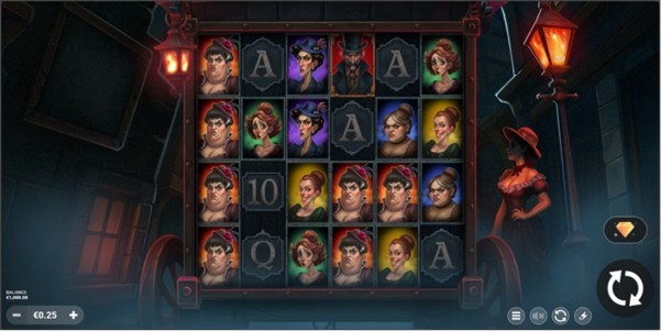 Jack slot base game showing a 4x6 grid with Victorian character symbols and card royals in a foggy London setting. 