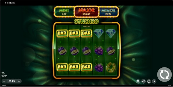 Synchro slot showing synchronised winning combination with three BAR symbols, grapes, and diamond icons aligned across the grid, displaying 8 ways won on a high-volatility spin with visible win amount.