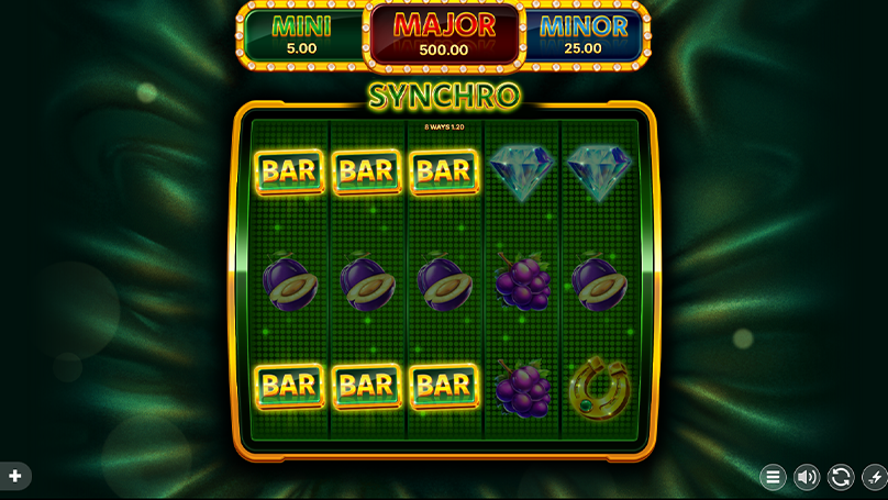 Synchro slot showing synchronised winning combination with three BAR symbols, grapes, and diamond icons aligned across the grid, displaying 8 ways won on a high-volatility spin with visible win amount.