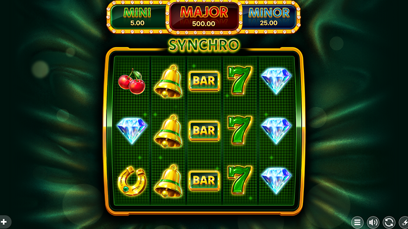 Synchro slot game interface displaying synchronised 5-reel grid with fruit symbols, premium icons, and golden bells against a glowing green backdrop, showcasing the classic slot theme with modern graphics.