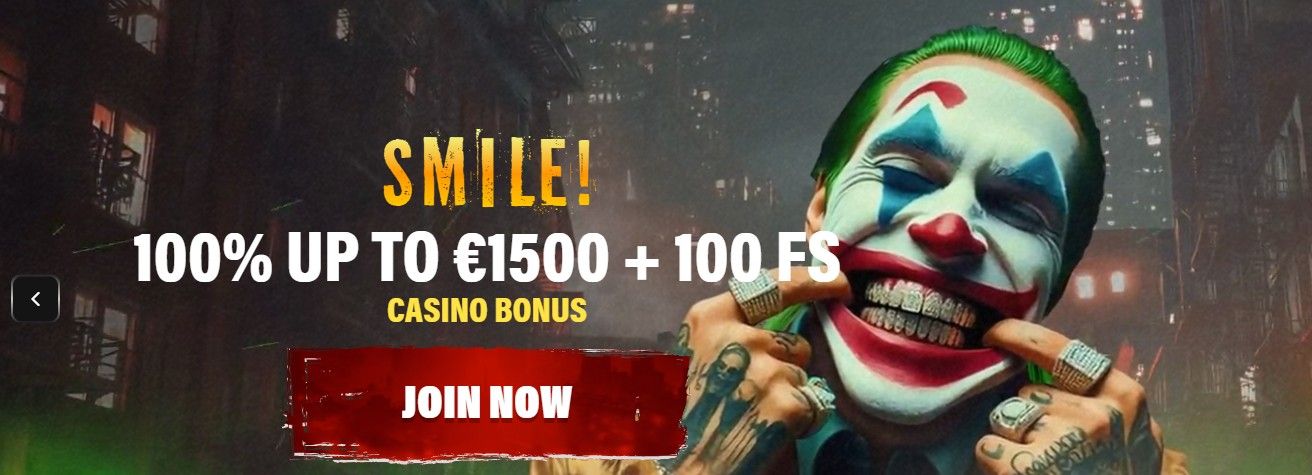 A Joker-themed character in a red suit holding a playing card, standing beside promotional text offering a 100% first deposit casino bonus up to &euro;1500 and 100 free spins. 