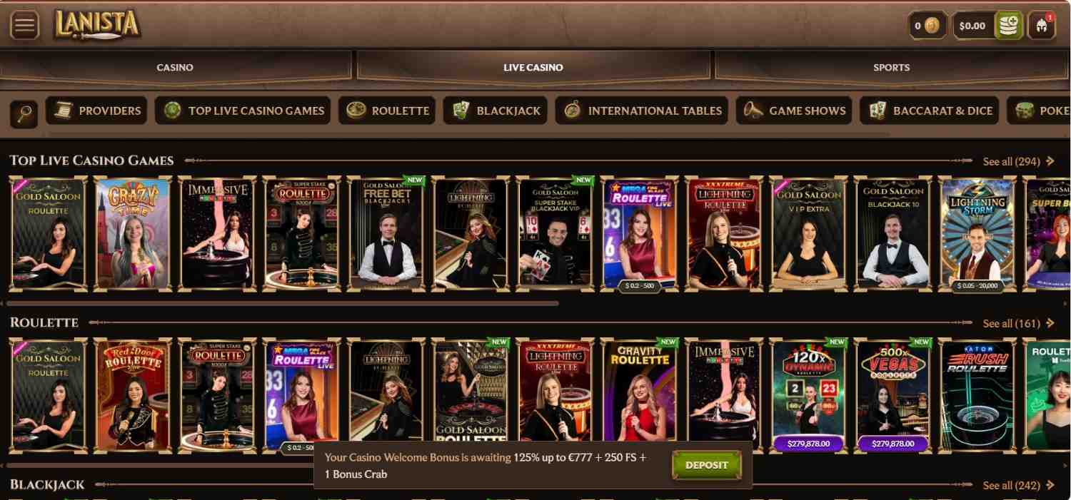 A collection of live casino titles displayed in rows, including Gold Saloon Roulette, Crazy Time, Immersive Roulette, Lightning Roulette, Blackjack variants, and more. Female and male live dealers appear on the game tiles, with categories like Top Live Casino Games, Roulette, and Blackjack visible at the top.
