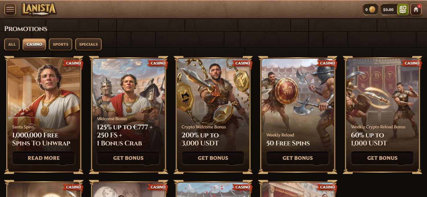 A promotions section featuring multiple Roman-themed banners, including Santa Spins with a man holding a gift box, a welcome bonus of 125% up to &euro;777, a crypto welcome bonus, a weekly reload offer, and a weekly crypto reload bonus. Each promotion is presented as an illustrated card with a Get Bonus button.