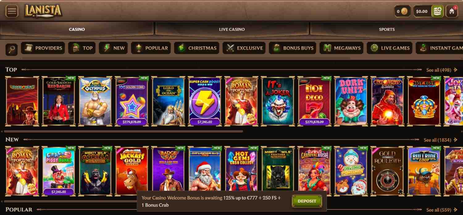 A wide selection of online slot titles displayed on Lanista Casino's homepage, featuring categories like Top, New, and Popular, with colourful game titles such as Book of Ra, Gold Saloon Red Baron, Rise of Olympus, Hot Deco 7, and Dork Unit arranged in horizontal rows. A welcome bonus banner appears at the bottom offering 125% up to €777, 250 free spins, and 1 Bonus Crab.