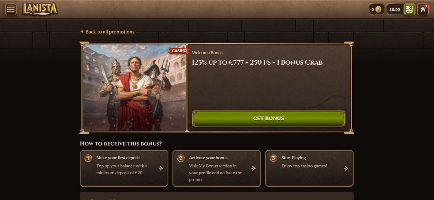 A Roman-themed promotional layout showing a man in toga armour flanked by gladiators next to a bonus offer of 125% up to &euro;777 with 250 free spins and 1 Bonus Crab. Below, three illustrated steps explain how to receive the bonus: make a deposit, activate the bonus, and start playing. 