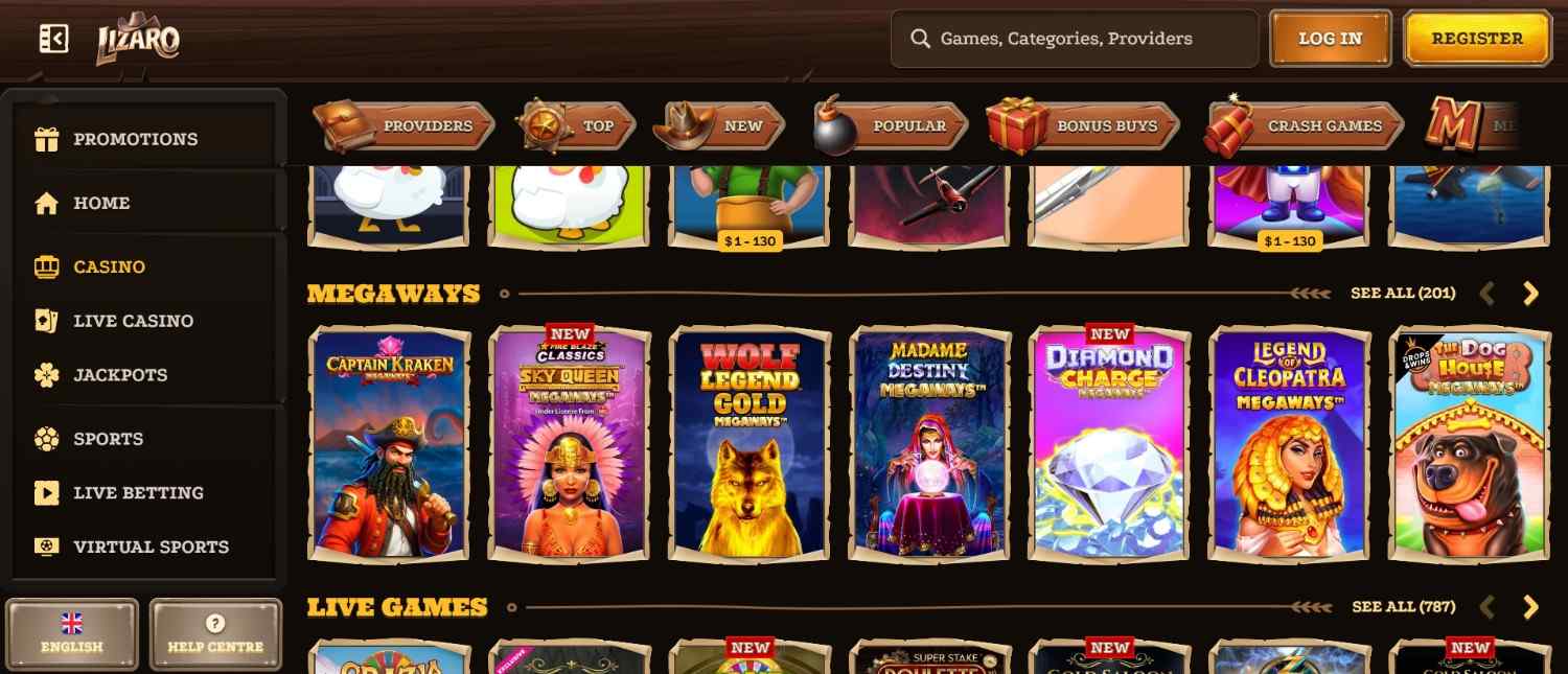 Lizaro Casino promotions page featuring welcome bonus, weekly cashback, and reload free spins displayed with cartoon cowboy lizard characters 