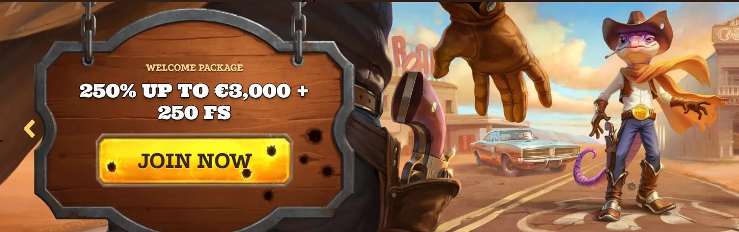 Lizaro Casino homepage with a cowboy-themed banner promoting a 250% welcome package and navigation buttons for top, new, and popular games.
