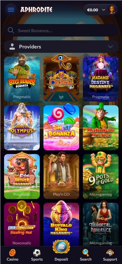 Aphrodite Casino slot lobby showing popular titles available.  