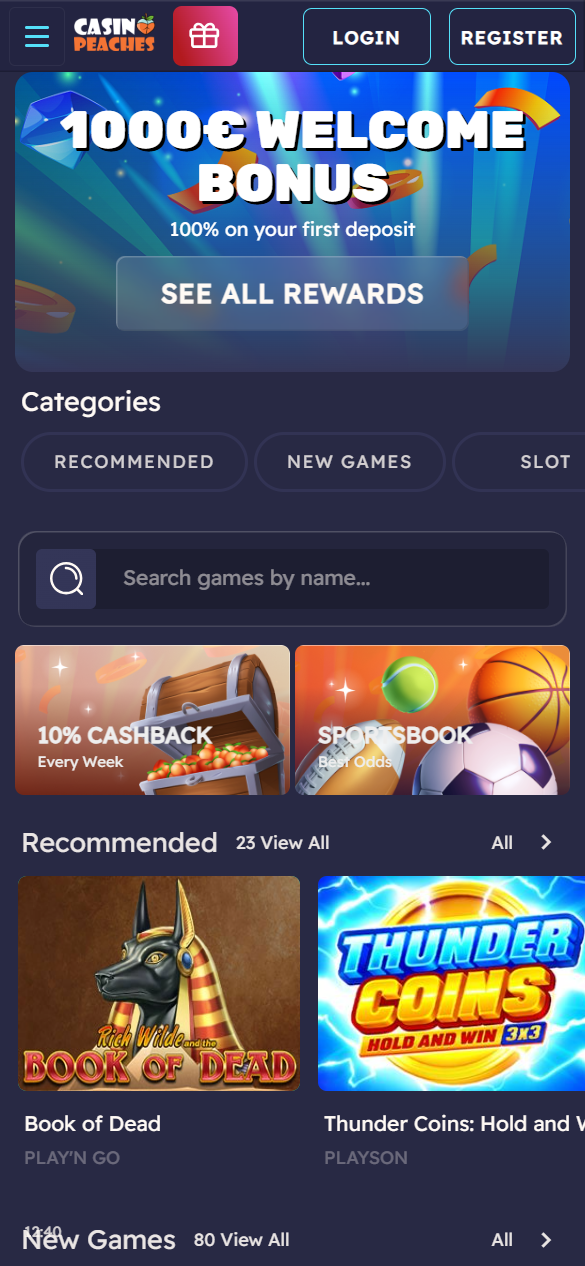 Casino Peaches homepage with welcome bonus banner, navigation menu, and casino game categories visible. 