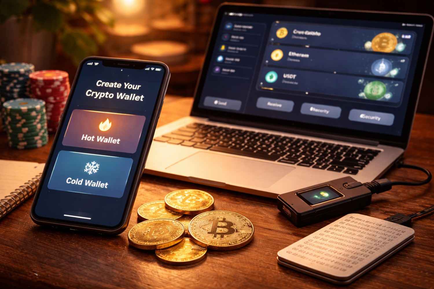 Smartphone and laptop displaying crypto wallet setup with hot and cold storage options on a softly lit desk.