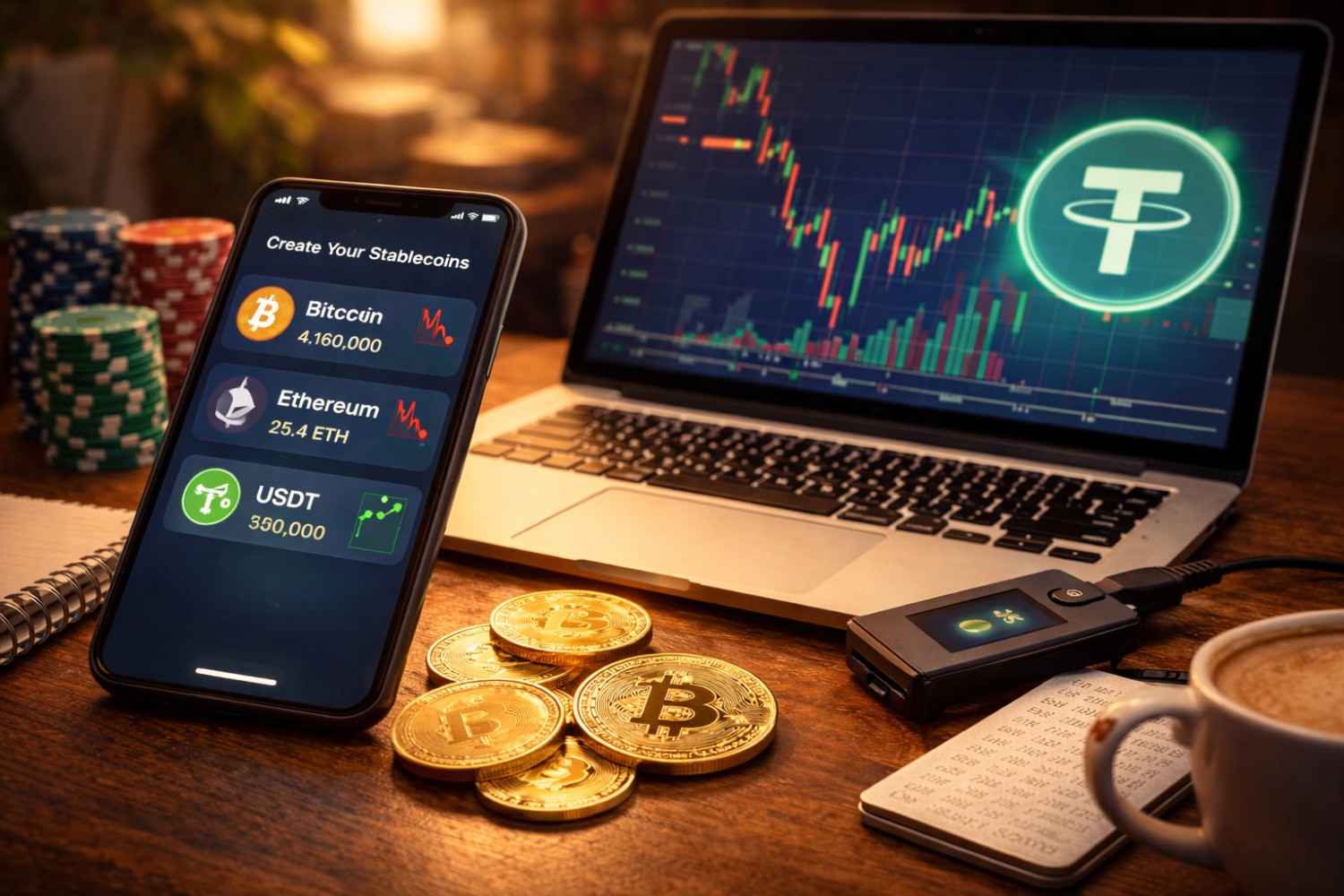 Phone and laptop showing crypto market data with a stablecoin highlighted for balance in a realistic home desk setup.